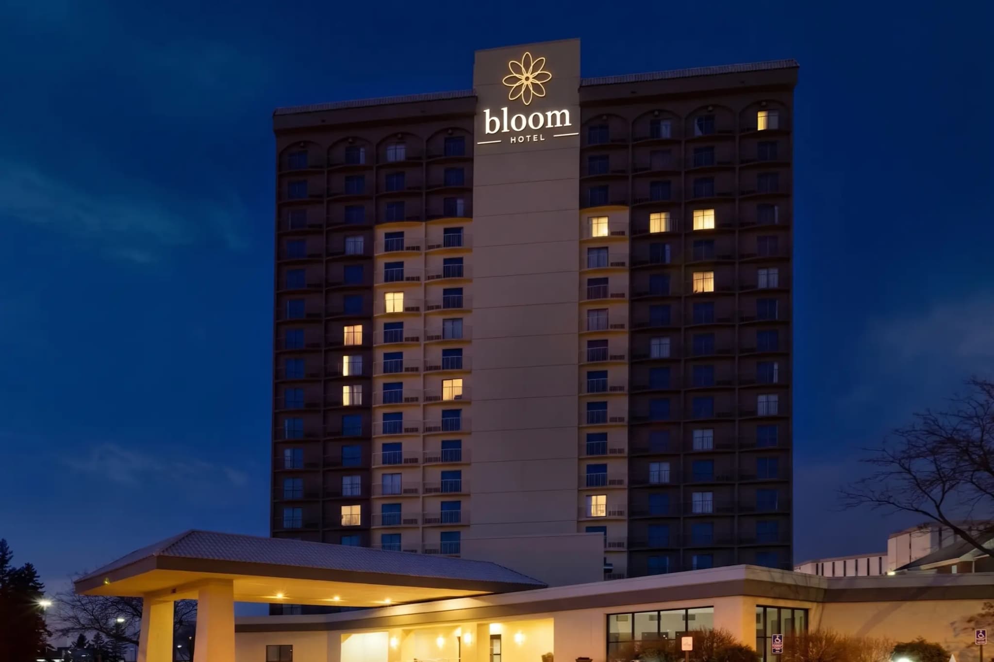 Bloom Hotel exterior at night